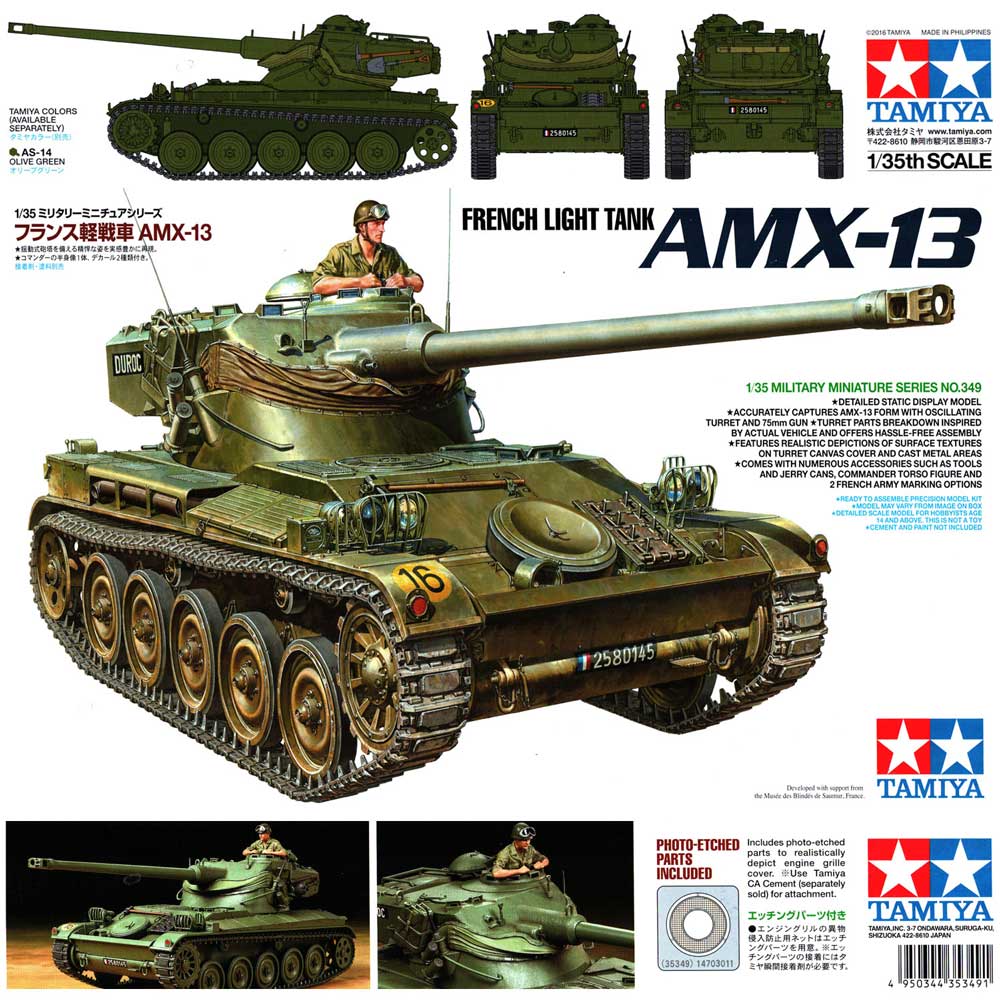 thumbnail interactive-video image 1 of Tamiya 1/35 Scale Model Kit – French Light Tank AMX-13 Char 13t-75 Modèle 51 (35349) 1 of 4